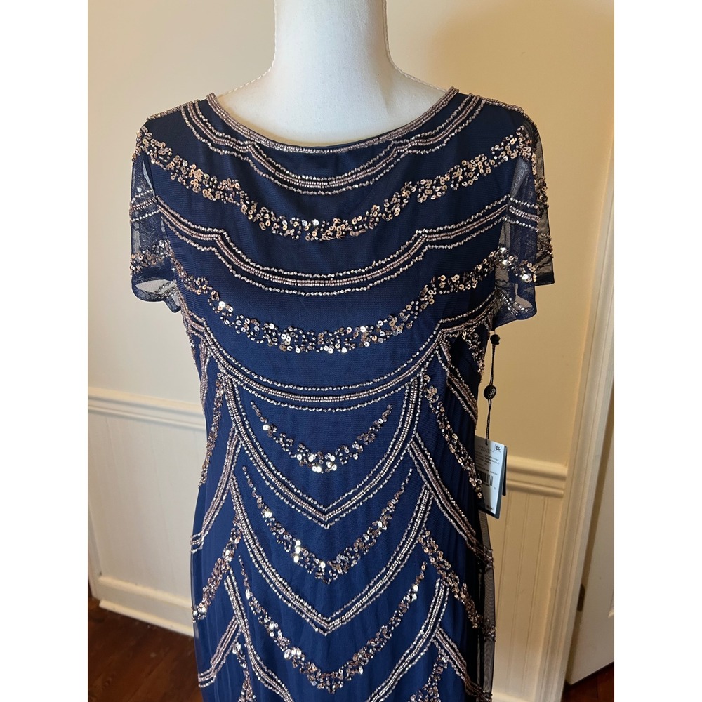 Adrianna Papell Navy Blue Sequin Beaded Art Deco Sheath Cocktail Dress NEW 10 - Picture 8 of 16